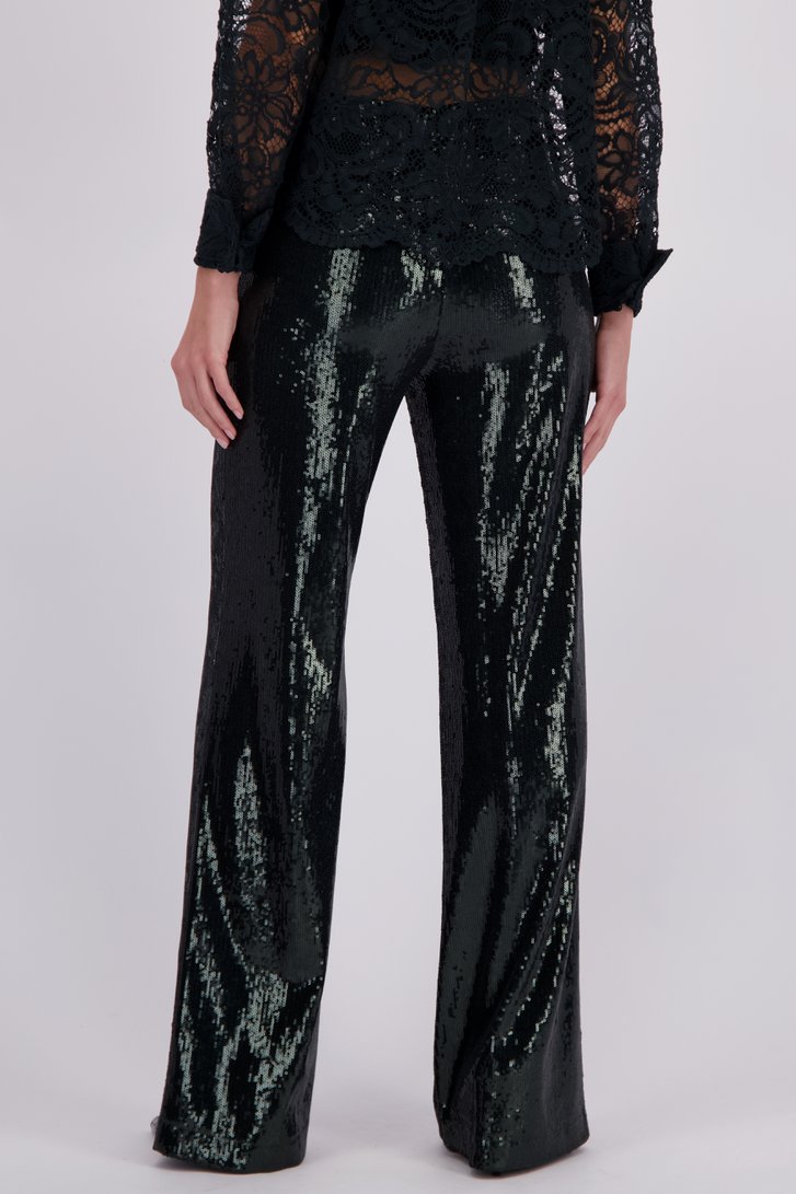 Achterkant van Wijde donkergroene broek met pailletten door D'Auvry voor Dames