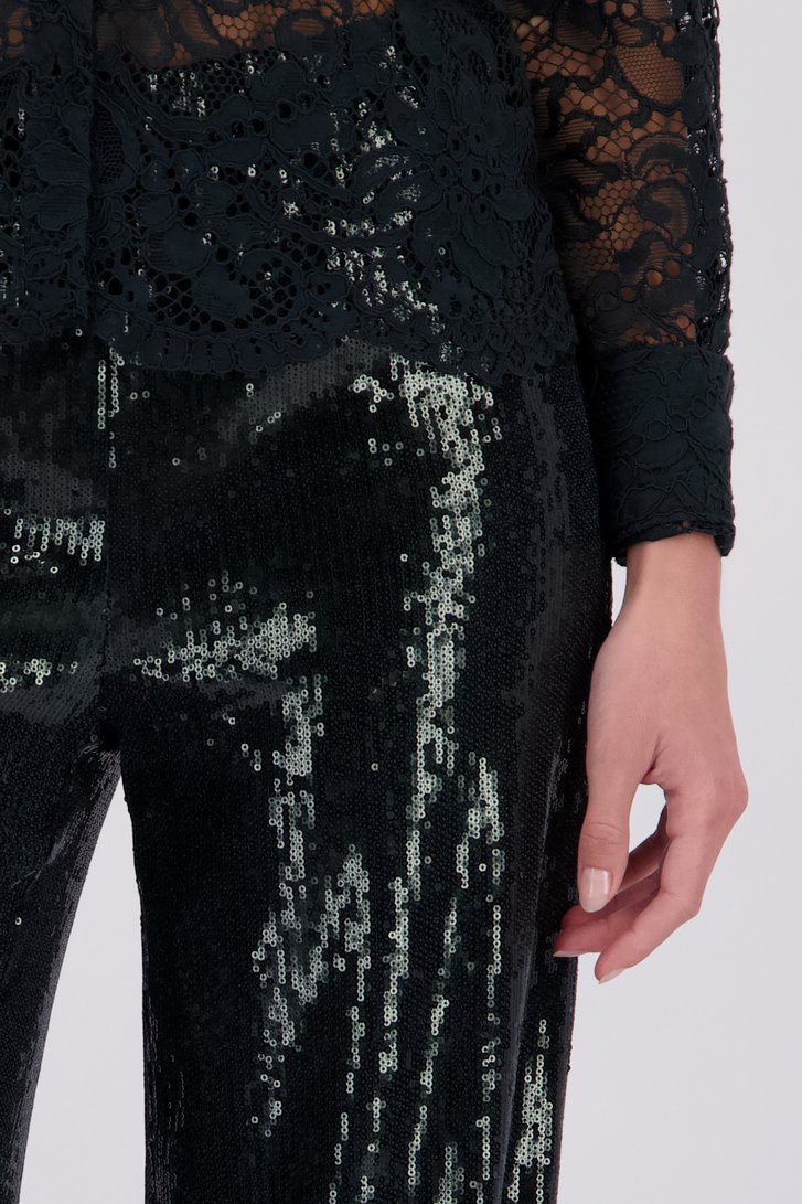 Detail van Wijde donkergroene broek met pailletten door D'Auvry voor Dames