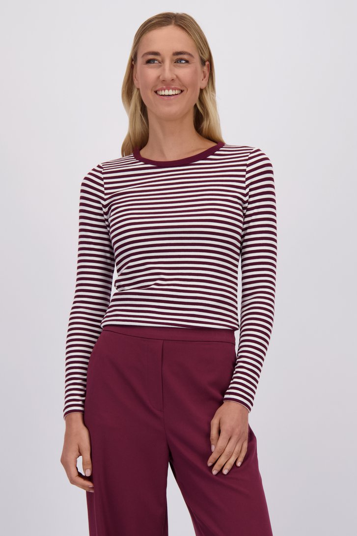 Voorkant van Wit-bordeaux gestreept T-shirt met lange mouwen door Liberty Island voor Dames