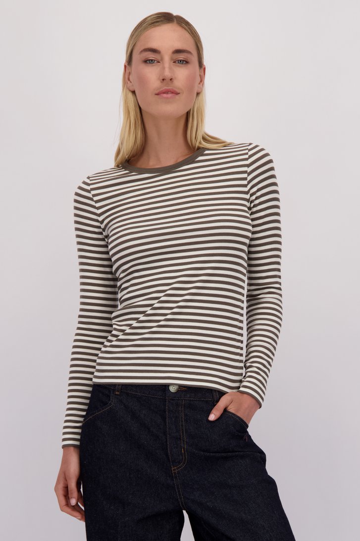 Voorkant van Wit-donkergroen gestreept T-shirt met lange mouwen door Liberty Island voor Dames