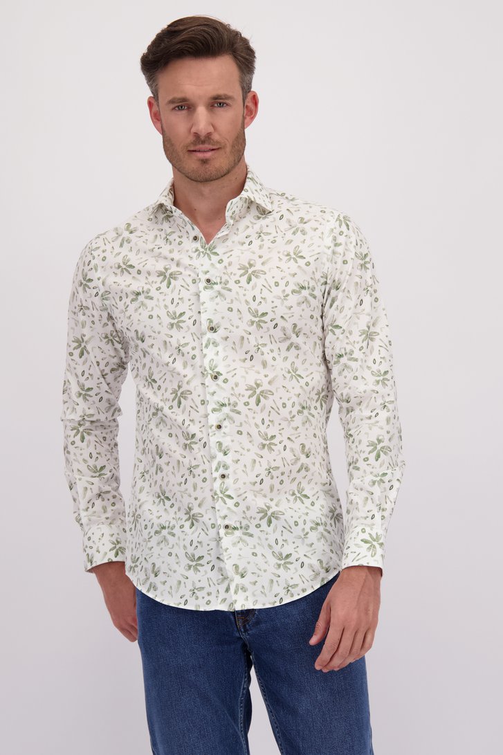 Wit hemd met groene bladerprint - Slim fit  van Michaelis voor Heren