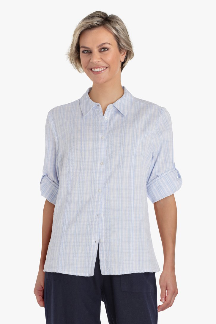 Wit-lichtblauw geruite blouse  van Claude Arielle voor Dames