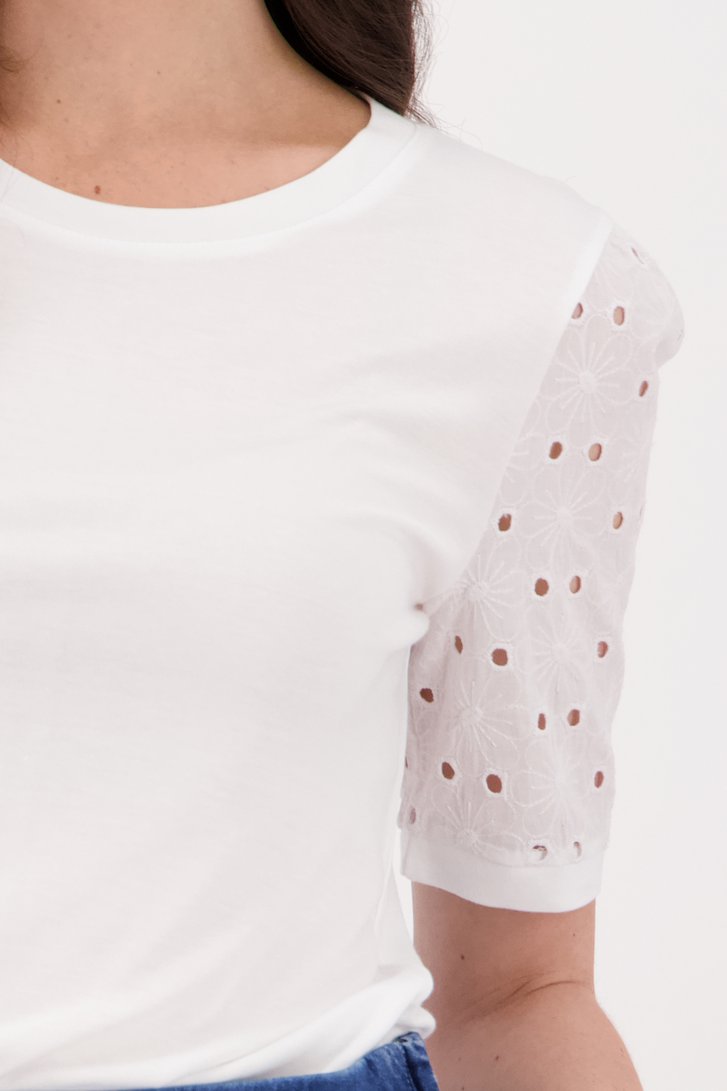Wit T-shirt met gebloemde mouwtjes van More & More voor Dames