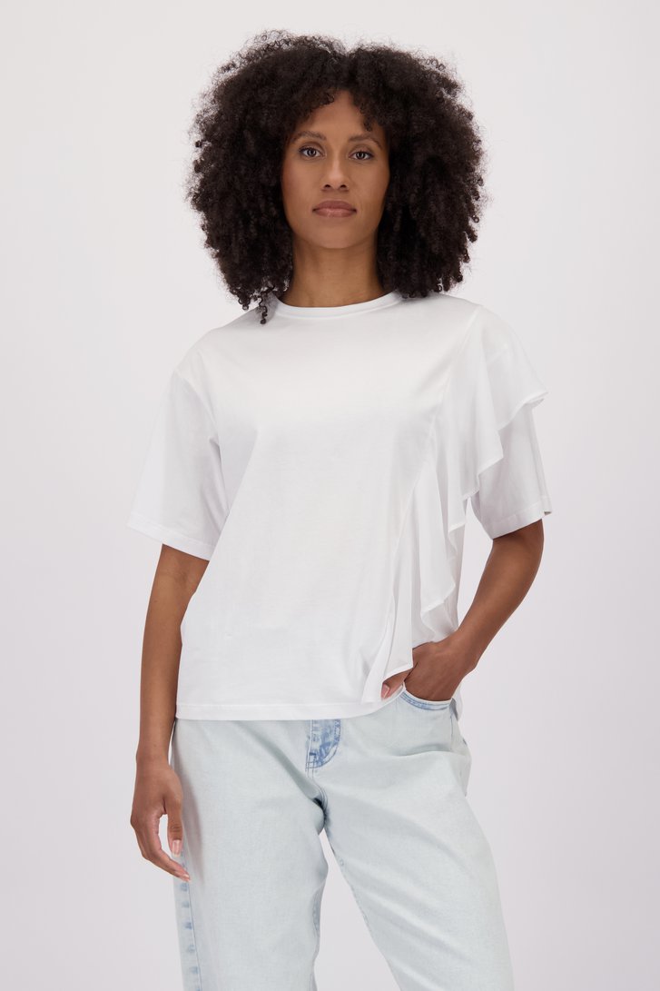 Wit T-shirt met volant en korte mouwen van Louise voor Dames