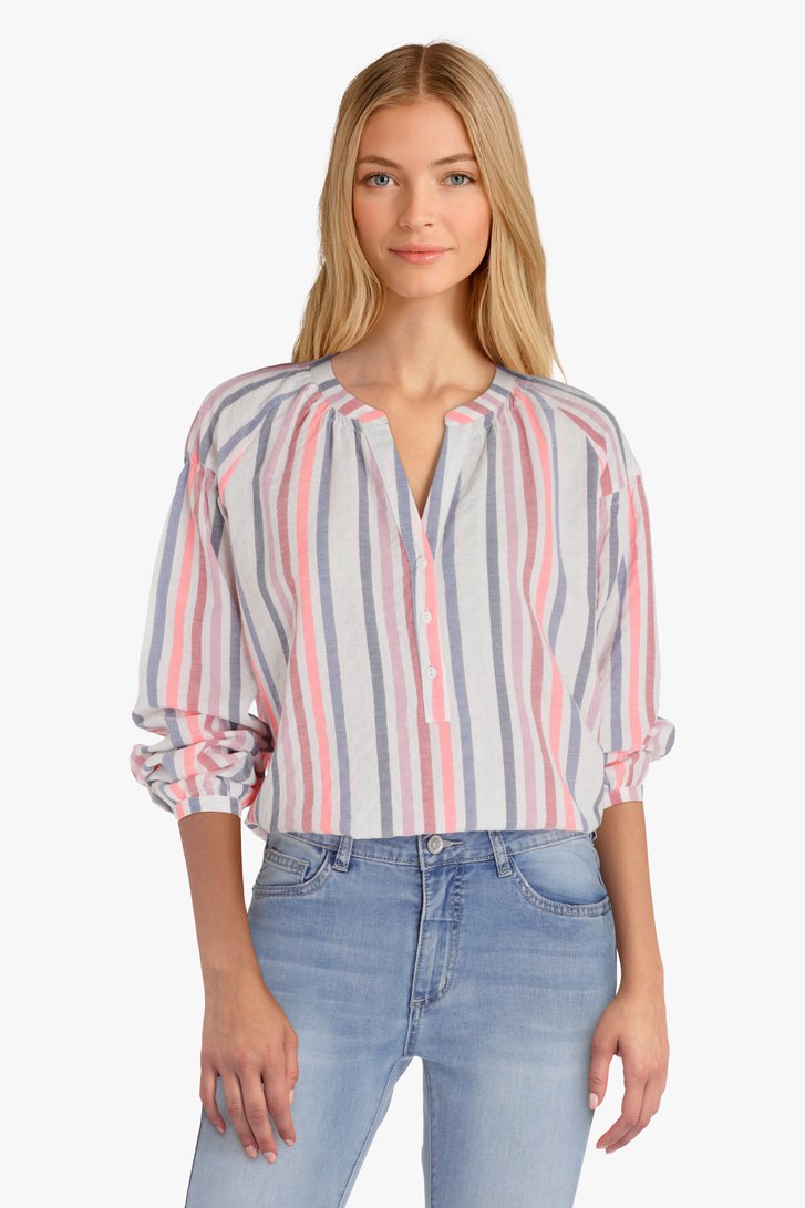 Witte blouse met blauw-roze strepen