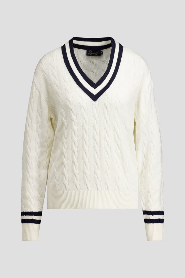 Productfoto 1 van Witte golftrui met kabelmotief en blauwe boorden door Dansaert Golf Club voor Dames