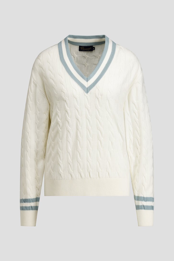 Productfoto 1 van Witte golftrui met kabelmotief en blauwe boorden  door Dansaert Golf Club voor Dames
