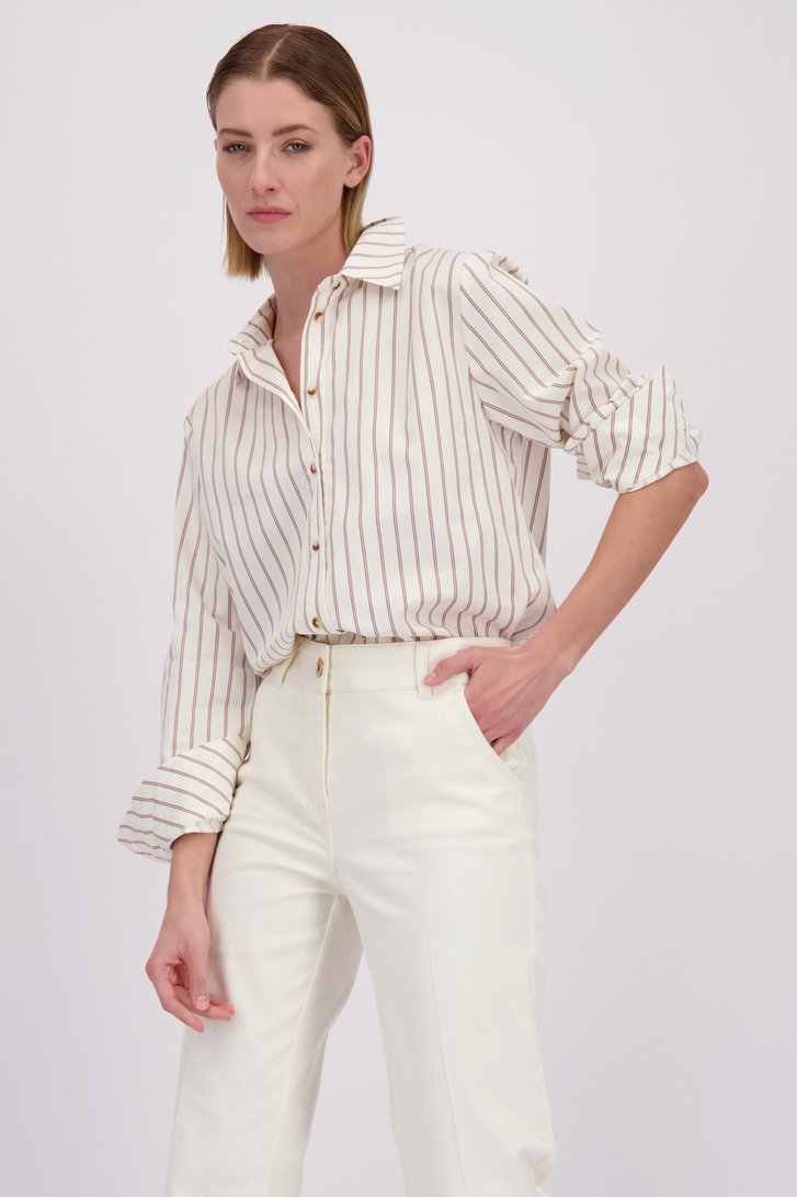 Voorkant van Witte katoenen blouse met bruine strepen door D'Auvry voor Dames