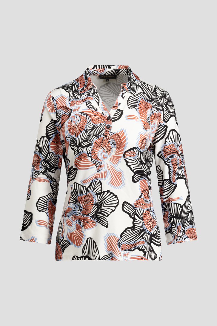 Productfoto 1 van Witte polo met bloemenprint in koraal en zwart door Claude Arielle voor Dames