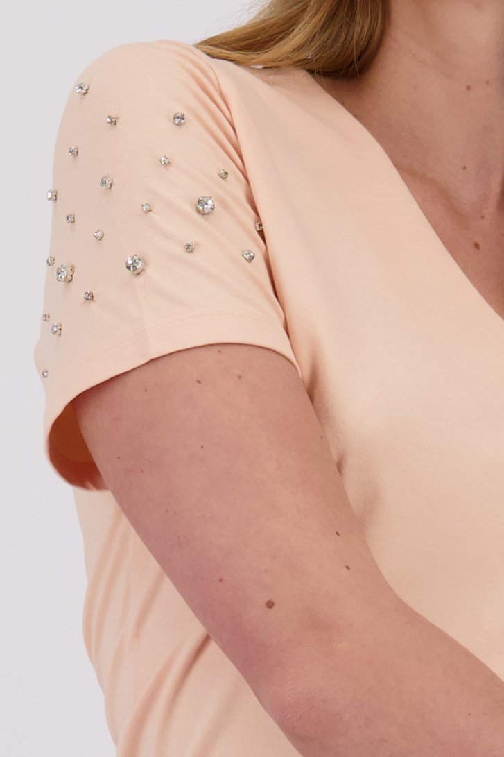 Zalmroze T-shirt met V-hals en strass van D'Auvry voor Dames