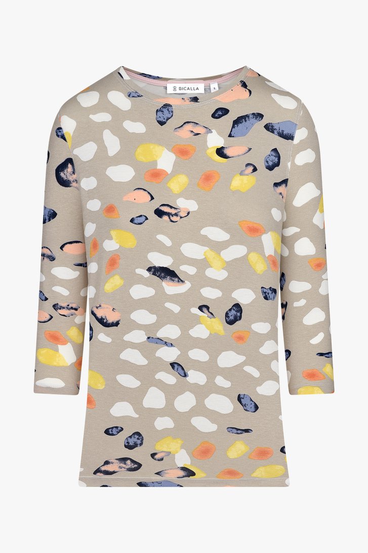 Zandkleurig T-shirt met kleurrijke print van Bicalla voor Dames