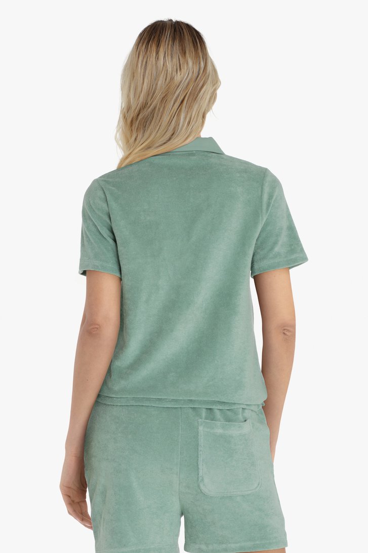 Zeegroen T-shirt met V-hals in badstof van Liberty Island homewear voor Dames