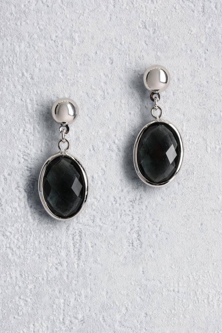 Voorkant van Zilveren oorbellen met zwarte ovale hanger door Liberty Island voor Dames
