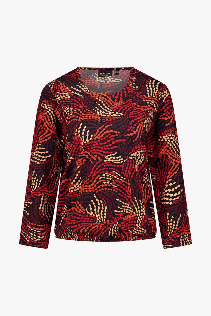 Zwart T-shirt met bolletjesprint in rode tinten van Signature voor Dames