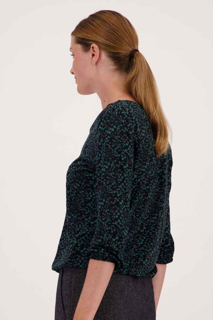 Zwart T-shirt met fijne groene print van Opus voor Dames