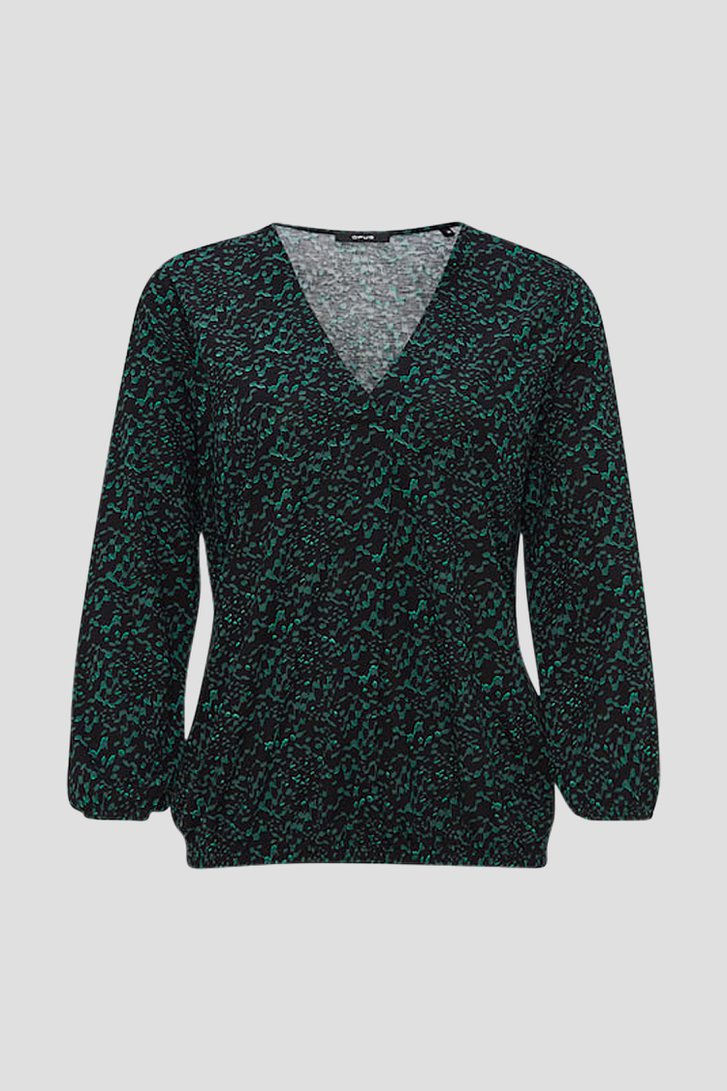 Zwart T-shirt met fijne groene print van Opus voor Dames