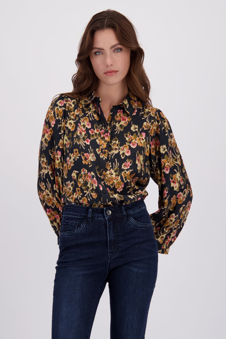 Voorkant van Zwarte blouse met bloemenprint door Geisha voor Dames