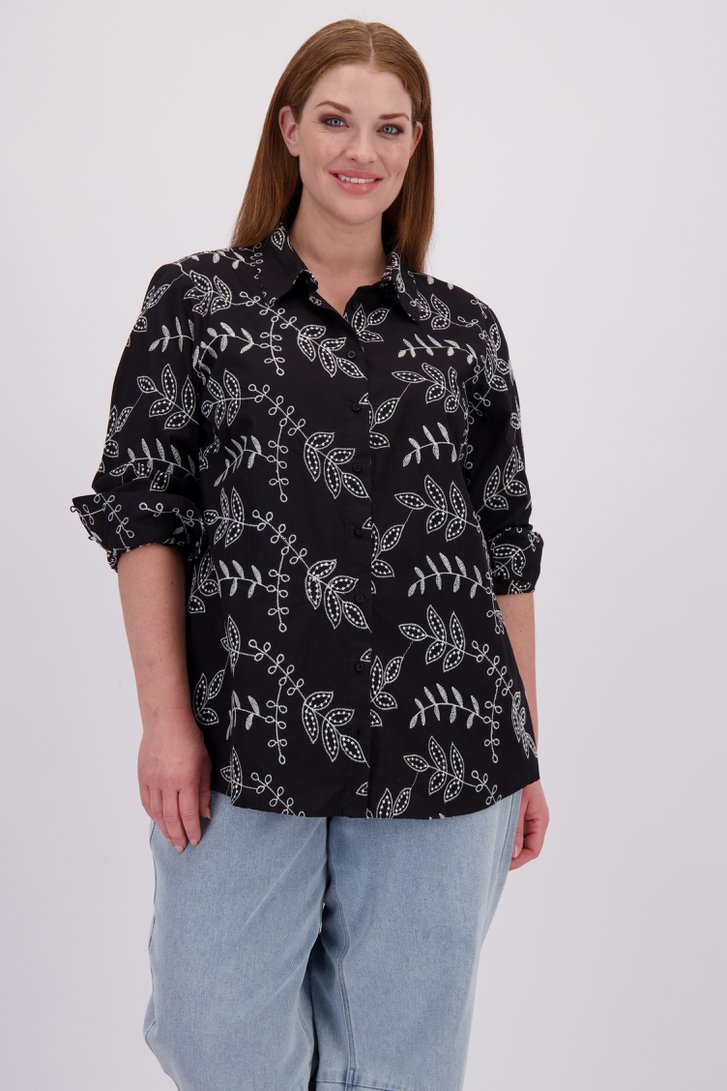 Voorkant van Zwarte blouse met ecru bladerprint door Kaffe Curve voor Dames