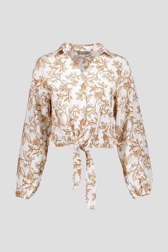 Beige blouse met strik en bruine bloemenbroderie van Geisha voor Dames