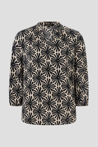 More & More Beige blouse met zwarte bloemenprint