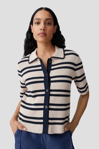 Voorkant van Beige cardigan met blauwe strepen door Opus voor Dames