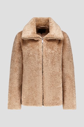 Voorkant van Beige faux fur jas met rits door Claude Arielle voor Dames