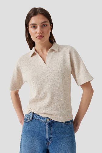 Voorkant van Beige gebreide polo met korte mouwen door Opus voor Dames