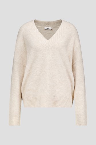 Voorkant van Beige gebreide trui met V-hals door Louise voor Dames