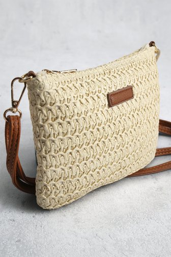 Voorkant van Beige gevlochten schoudertas met bruine details door Modeno voor Dames