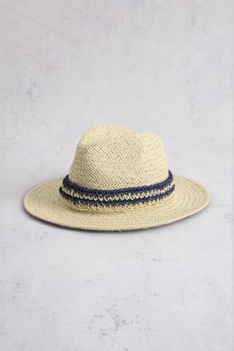 Voorkant van Beige geweven hoed met blauw gehaakt banddetail door Modeno voor Dames