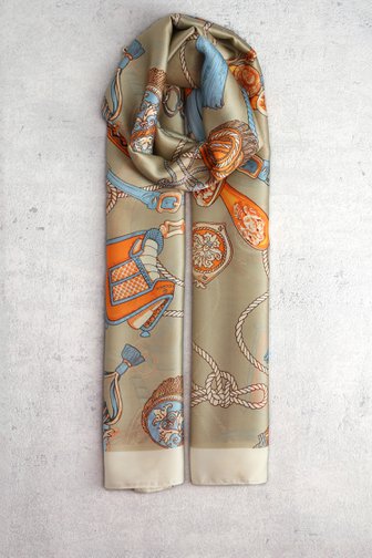 Voorkant van Beige sjaaltje met oranje-blauwe ornamentprint door Liberty Island voor Dames