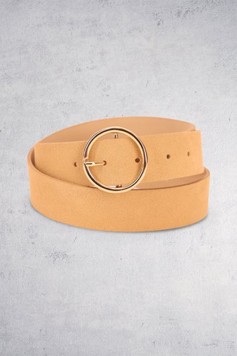 Voorkant van Beige suède riem met ronde gouden gesp door Liberty Island voor Dames