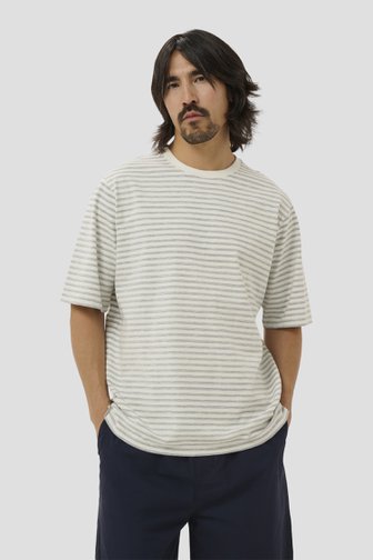 Voorkant van Beige T-shirt met grijs gestreept motief door Matinique voor Heren