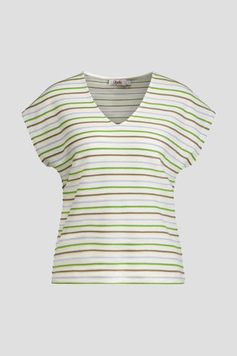Voorkant van Beige T-shirt met kaki strepen door Libelle voor Dames