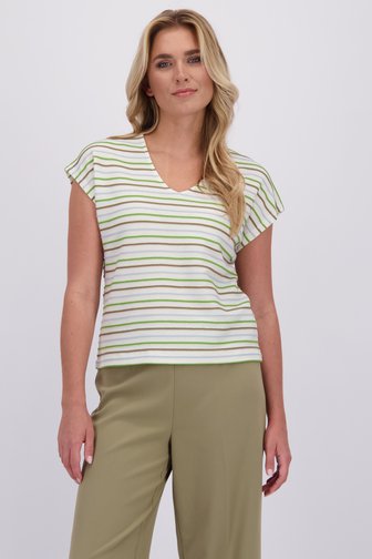 Voorkant van Beige T-shirt met kaki strepen door Libelle voor Dames