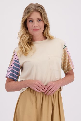 Voorkant van Beige T-shirt met roze mouwen door Libelle voor Dames