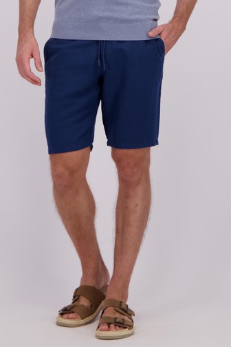Le devant de Bermuda en lin bleu foncé à taille élastique de Upper East pour Hommes