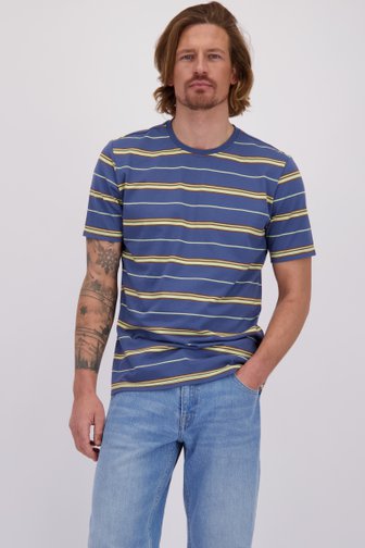 Voorkant van Blauw T-shirt met beige-bruine strepen door Ravøtt voor Heren