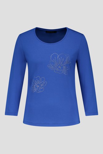 Voorkant van Blauw T-shirt met bloemen in strass door Claude Arielle voor Dames
