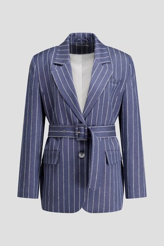 Voorkant van Blauw-wit gestreepte blazer met denim look door Louise voor Dames