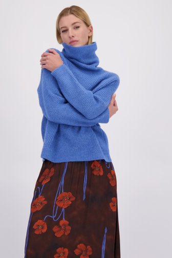 Voorkant van Blauwe gebreide trui met rolkraag door More & More voor Dames