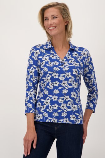 Claude Arielle Blauwe polo met ecru bloemen - 3/4 mouwen