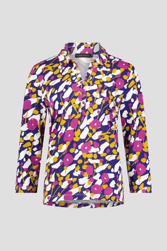 Blauwe polo met paars-gele bloemenprint van Claude Arielle voor Dames