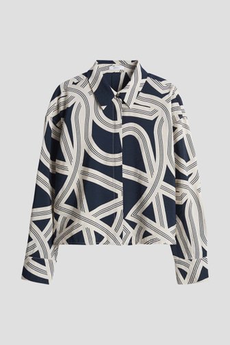 Le devant de Blouse beige clair à imprimé graphique bleu marine de Opus pour Femmes