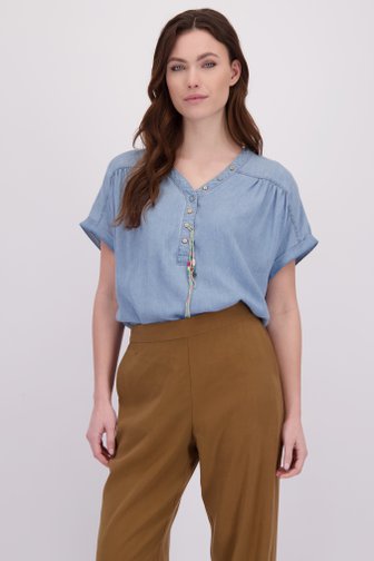 Le devant de Blouse bleu clair à manches courtes à col en V de Geisha pour Femmes