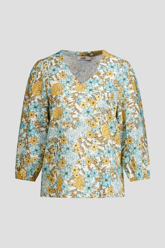Voorkant van Blouse met blauw-oranje bloemenprint door Libelle voor Dames
