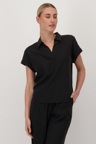 Le dos de Blouse noire à col en V et manches courtes de Liberty Island pour Femmes