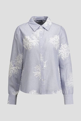 Le devant de Blouse rayée bleue à fleurs blanches de Geisha pour Femmes