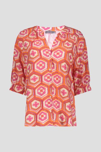 Le devant de Blouse rouge à imprimé géométrique à manches 3/4 de Geisha pour Femmes