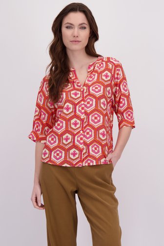 Le devant de Blouse rouge à imprimé géométrique à manches 3/4 de Geisha pour Femmes